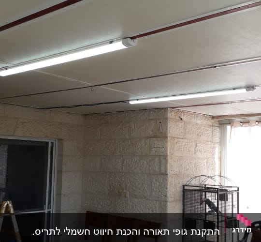 תאורת פלורסנט מותקנת בתקרה עם סולם בצד